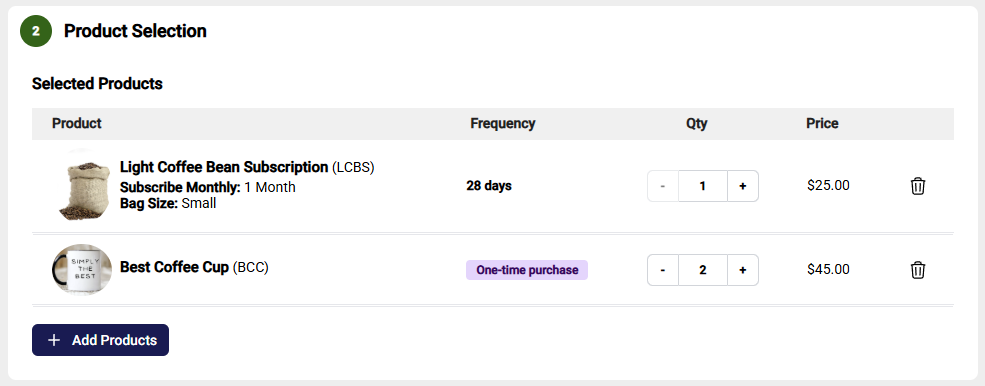 Example of mixed subscription order