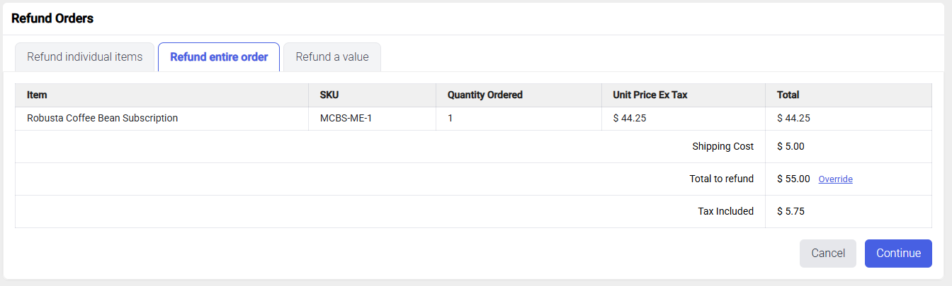 Refund entire order - Initial tab
