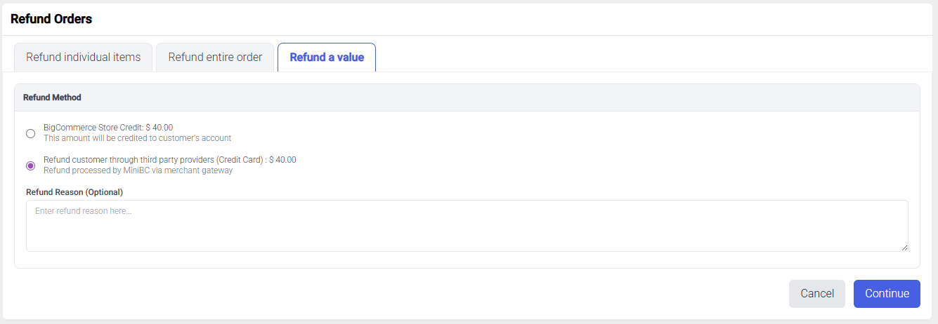 Refund a value - Completed tab
