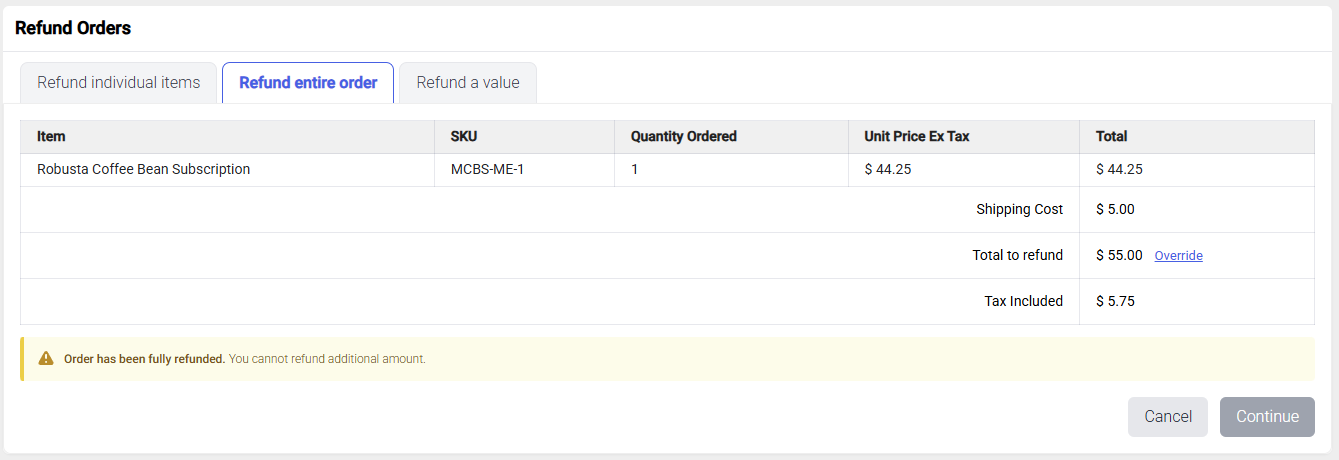 Refund entire order - Completed Tab